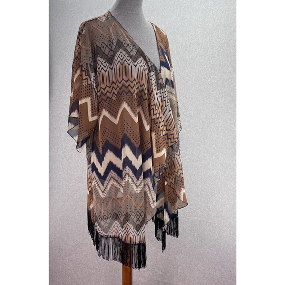 Lularoe Monroe Duster Kimono Womens Size Large Boho Brown Multi with Fringe - Picture 3 of 8